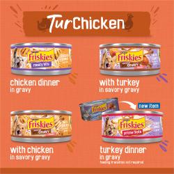 Etiqueta del paquete de alimento para gatos que muestra las 4 variedades de alimento para gatos incluidas en el paquete surtido TurChicken.
