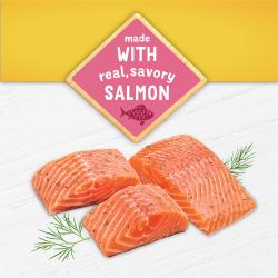 Three pieces of seasoned salmon sit on a white wood background. A pink diamond with a fish icon reads "Made with real, savory salmon."