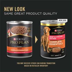 Updated packaging for Purina Pro Plan Complete Essentials grain free beef and chicken wet dog food