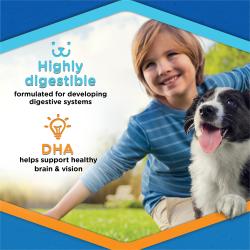 Puppy Chow Complete packaging label highlighting highly digestible and DHA to support healthy brain & vision