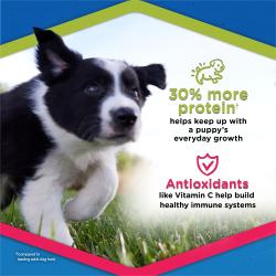 Puppy Chow Complete packaging label highlighting containing 30% more protein and antioxidants
