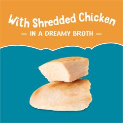 Shredded chicken image with text; "With shredded chicken in a dreamy broth"