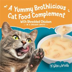 Cat licking paw with text: "A Yummy Brothlicious Cat Food Complement. With shredded chicken in a dreamy broth."