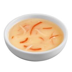 Friskies Bits n Broth surimi whitefish flavored cat food topper in bowl