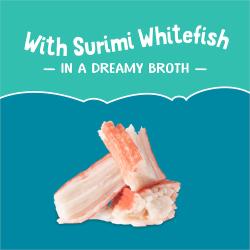 Surimi and whitefish image with text; "With surimi and whitefish in a dreamy broth"