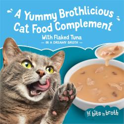 Cat licking paw with text: "A Yummy Brothlicious Cat Food Complement. With Flaked tuna in a dreamy broth."