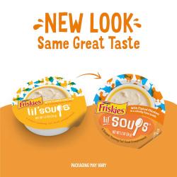 Friskies lil'' soups with chicken in a velvety tuna broth flavored cat food topper now with a new look