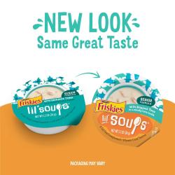 Friskies lil'' soups with tuna in a velvety tuna broth flavored cat food topper now with a new look