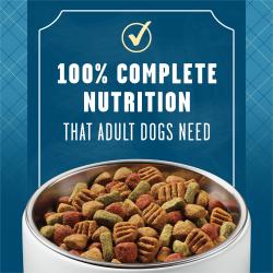 On a blue patterned background, texts reads "100% complete nutrition that adult dogs need."