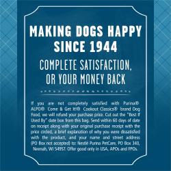 On a blue patterned background, text reads "Making dogs happy since 1944. Complete satisfaction, or your money back"
