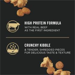 high protein formula with real beef as the first ingredient, crunchy kibble and tender, shredded pieces for delicious taste and texture