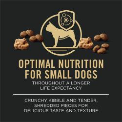 Purina Pro Plan dog food package label highlighting optimal nutrition for small dogs