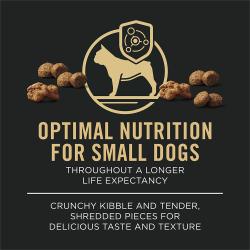 Purina Pro Plan dog food package label highlighting optimal nutrition for small dogs