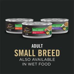 Purina Pro Plan dog food package label highlighting this product is also available in wet food
