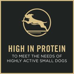 Purina Pro Plan dog food package label highlighting high protein to meet the needs of small dogs