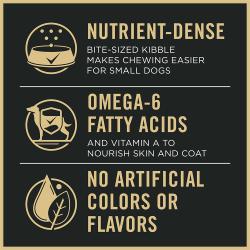 Purina Pro Plan dog food package label highlighting omega-6 fatty acids and no artificial colors or flavor