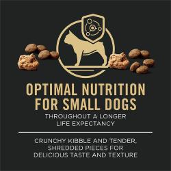 Purina Pro Plan dog food package label highlighting optimal nutrition for small dogs