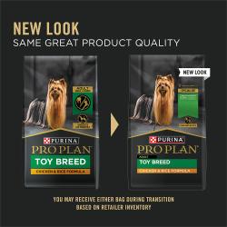 New updated packaging for Purina Pro Plan Toy Breed chicken and rice dry dog food