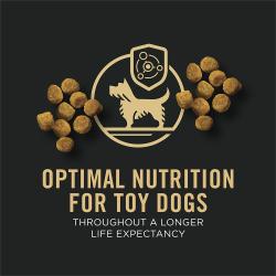Purina Pro Plan dog food package label highlighting optimal nutrition for toy dogs