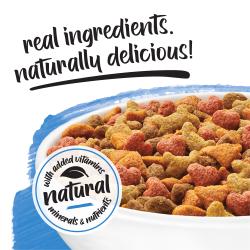 Un primer plano de un tazón con croquetas sobre un fondo azul y blanco. El texto superior dice “ingredientes reales, deliciosamente natural”. Un sello junto a las croquetas dice “naturales con vitaminas, minerales y nutrientes añadidos”.