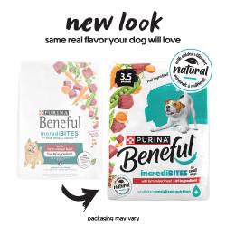 Two bags show the old and new version of packaging for Purina Beneful IncrediBITES for Small Dogs with Farm-Raised Beef dry food. Text reads "New look same real flavor your dog will love. Packaging may vary."