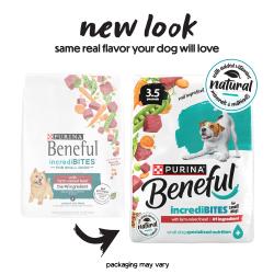 Two bags show the old and new version of packaging for Purina Beneful IncrediBITES for Small Dogs with Farm-Raised Beef dry food. Text reads "New look same real flavor your dog will love. Packaging may vary."
