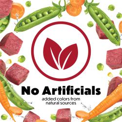Una explosión de zanahorias, chícharos y carne de res rodea un sello de hoja rojo. El texto dice "Sin colorantes artificiales añadidos, colores de fuentes naturales."