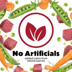 A burst of carrots, peas, and beef surround a red leaf badge. Text reads "No artificals added colors from natural sources."