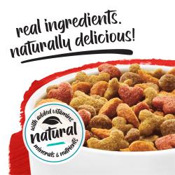 Un primer plano de un tazón de croquetas sobre un fondo rojo y blanco. El texto de arriba dice "ingredientes reales, deliciosamente natural." Un sello junto a las croquetas dice "naturales con vitaminas, minerales y nutrientes añadidos."