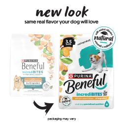 Two bags show the old and new version of packaging for Purina Beneful IncrediBITES for Small Dogs with Farm-Raised Chicken dry food. Text reads "New look same real flavor your dog will love. Packaging may vary."