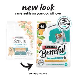 Two bags show the old and new version of packaging for Purina Beneful IncrediBITES for Small Dogs with Farm-Raised Chicken dry food. Text reads "New look same real flavor your dog will love. Packaging may vary."