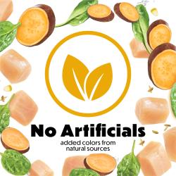 A burst of spinach, corn kernels, sweet potatoes, and chicken surround a dark yellow leaf badge. Text reads "No artificals added colors from natural sources."