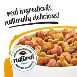 A close-up of a bowl of kibble on a yellow and white background. Above text reads "real ingredients, naturally delicious." A badge next to the kibble reads "naturals with added vitamins, minerals and nutrients."
