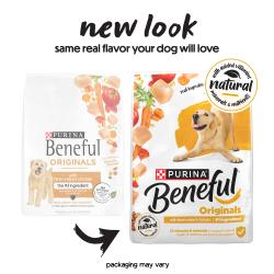 Two bags show the old and new version of packaging for Purina Beneful Originals with Farm-Raised Chicken dry food. Text reads "New look same real flavor your dog will love. Packaging may vary."