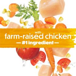 A splash yellow banner shows text that reads "with farm-raised chicken #1 ingredient." Carrots, corn kernels, tomatoes, and chicken adorn the background.