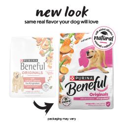 Two bags show the old and new version of packaging for Purina Beneful Originals with Natural Salmon dry food. Text reads "New look same real flavor your dog will love. Packaging may vary."