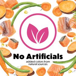 A burst of carrots, green beans, sweet potatoes, and salmon surround a pinkleaf badge. Text reads "No artificals added colors from natural sources."