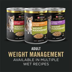 Purina Pro Plan Specialized Weight Management dry dog food is also available in wet dog food formulas