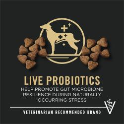 Purina Pro Plan Sport 30/20 dog food label highlighting live probiotics and veterinarian recommended brand