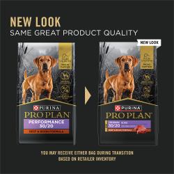 A bag of Purina Pro Plan Sport Performance 30/20 beef and bison dry dog food showing new packaging but same product quality