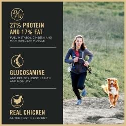 Purina Pro Plan Sport Active 27/17 dog food label showing 27% protein, 17% fat, glucosamine, and real chicken