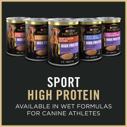 El alimento seco para perros Purina Pro Plan Sport alto en proteína también está disponible en fórmulas de alimento húmedo para atletas caninos