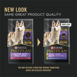 A bag of Purina Pro Plan Sport Small Bites 27/17 lamb and rice dry dog food showing new packaging but same product quality.