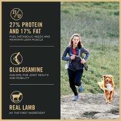 Etiqueta del alimento para perros Purina Pro Plan Sport Small Bites 27/17 que muestra 27 % de proteína, 17 % de grasa, glucosamina y cordero real