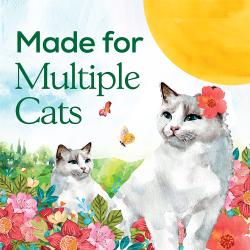 Etiqueta de empaque de arena para gatos que destaca que Tidy Cats Blissful Meadow está hecho para hogares con múltiples gatos.