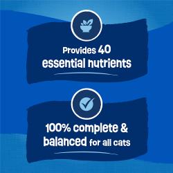Proporciona 40 nutrientes esenciales. 100 % completo y balanceado para todos los gatos