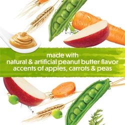 made with real and artificial peanut butter, apples, carrots and peas.