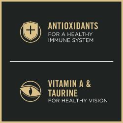 Cat food package label highlighting containing vitamin a and antioxidants.