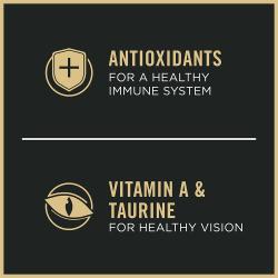 Etiqueta del paquete de comida para gatos destacando la presencia de vitamina A y antioxidantes.