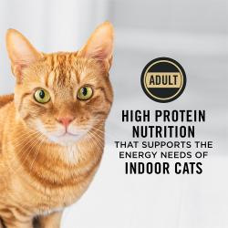 Cat food package label highlighting high protein nutrition that supports indoor cats.